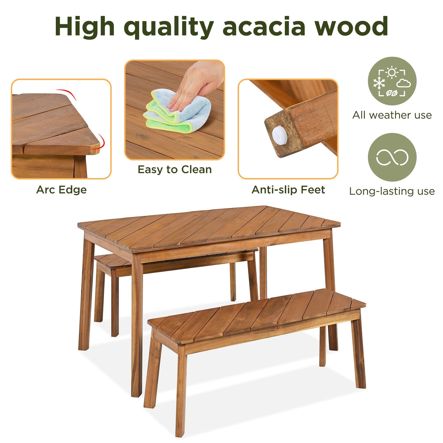 3 Pieces Acacia Wood Table Bench Dining Set For Outdoor & Indoor Furniture With 2 Benches, Picnic Beer Table For Patio, Porch, Garden, Poolside - Natural