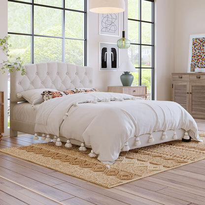 Queen Upholstered Platform Bed With Saddle Curved Headboard And Diamond Tufted Details - Beige