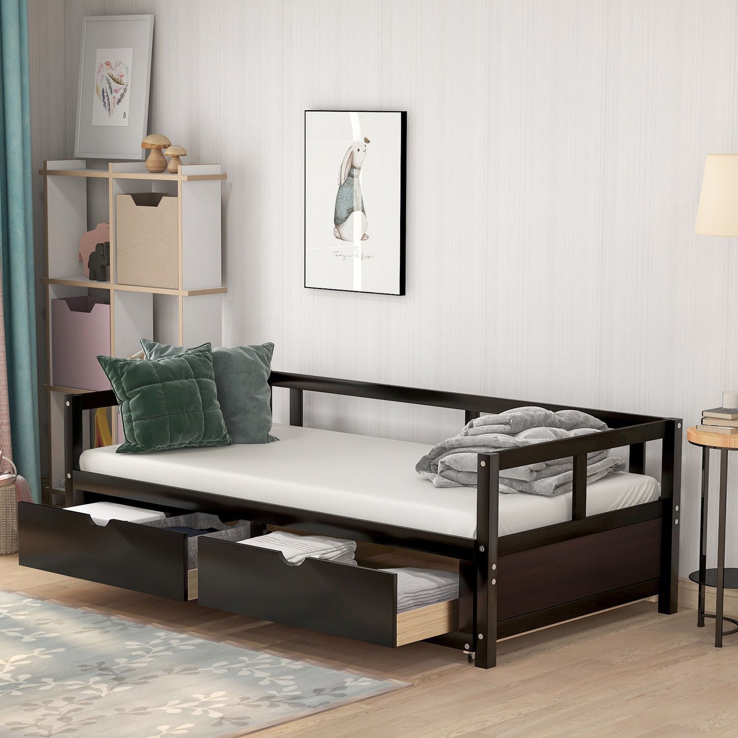 Wooden Daybed With Trundle Bed And Two Storage Drawers, Extendable Bed Daybed, Sofa Bed For Bedroom Living Room