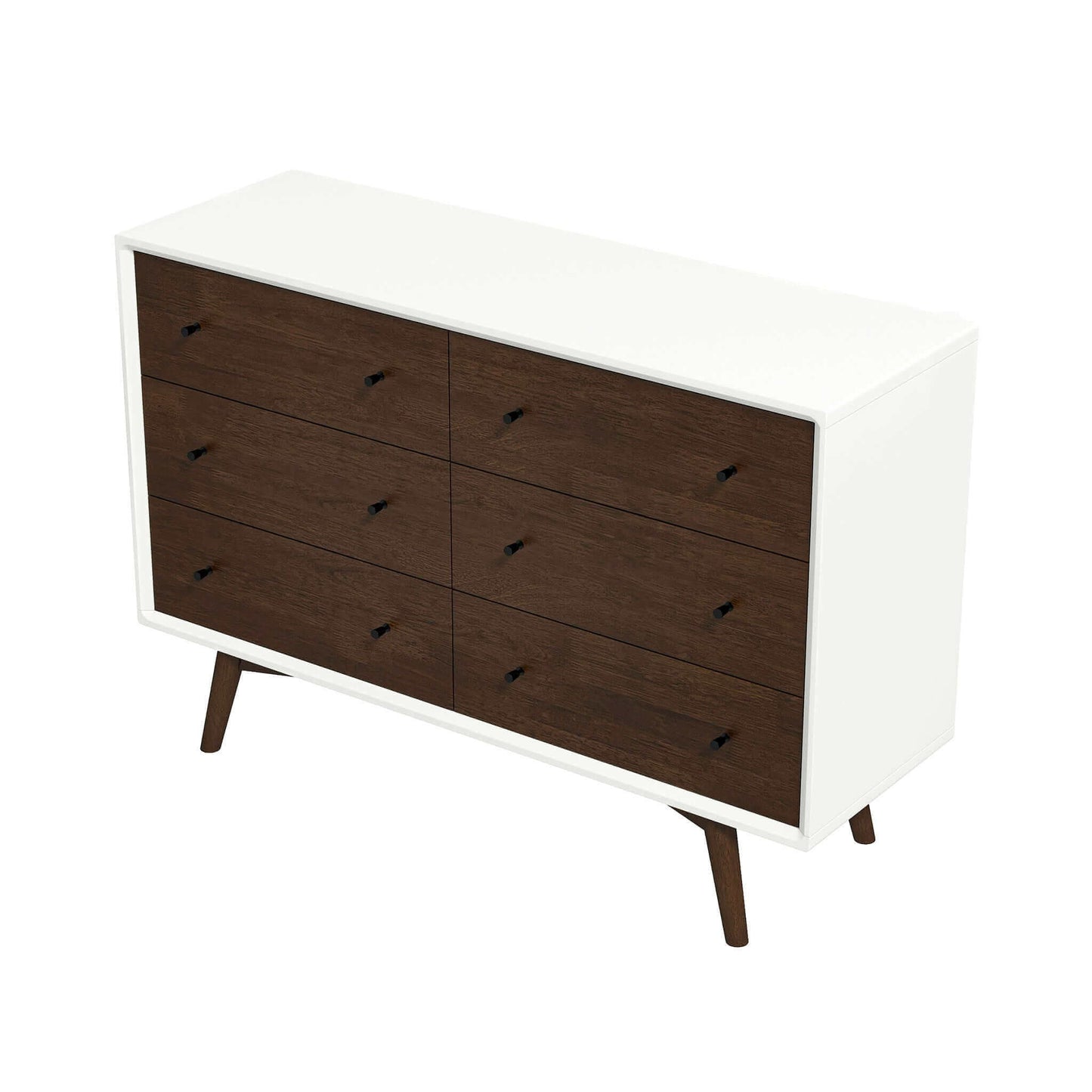 Mid-Century Modern White Dresser 6 Drawer - Dark Brown / White