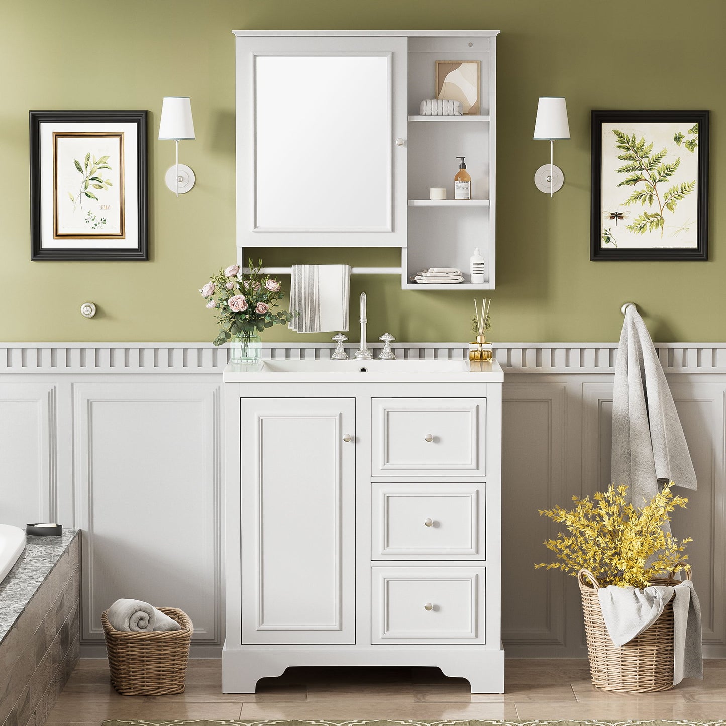 Bathroom Vanity With Sink, Modern Elegant Bathroom Storage Cabinet With 3 Drawers And Adjustable Shelves, Freestanding Vanity Set With Mirror Cabinet, Single Sink Bathroom Vanity