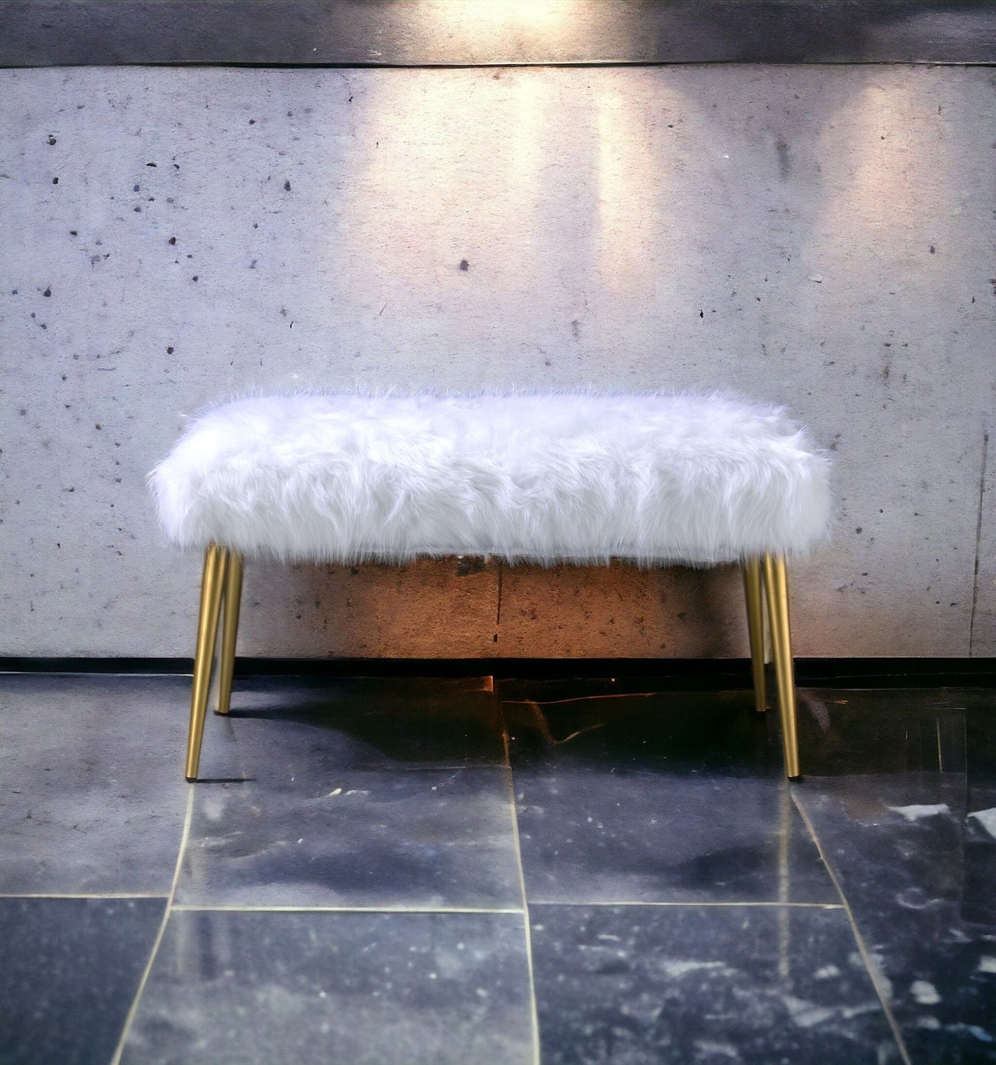 Bagley II - Faux Fur Bench - White / Gold