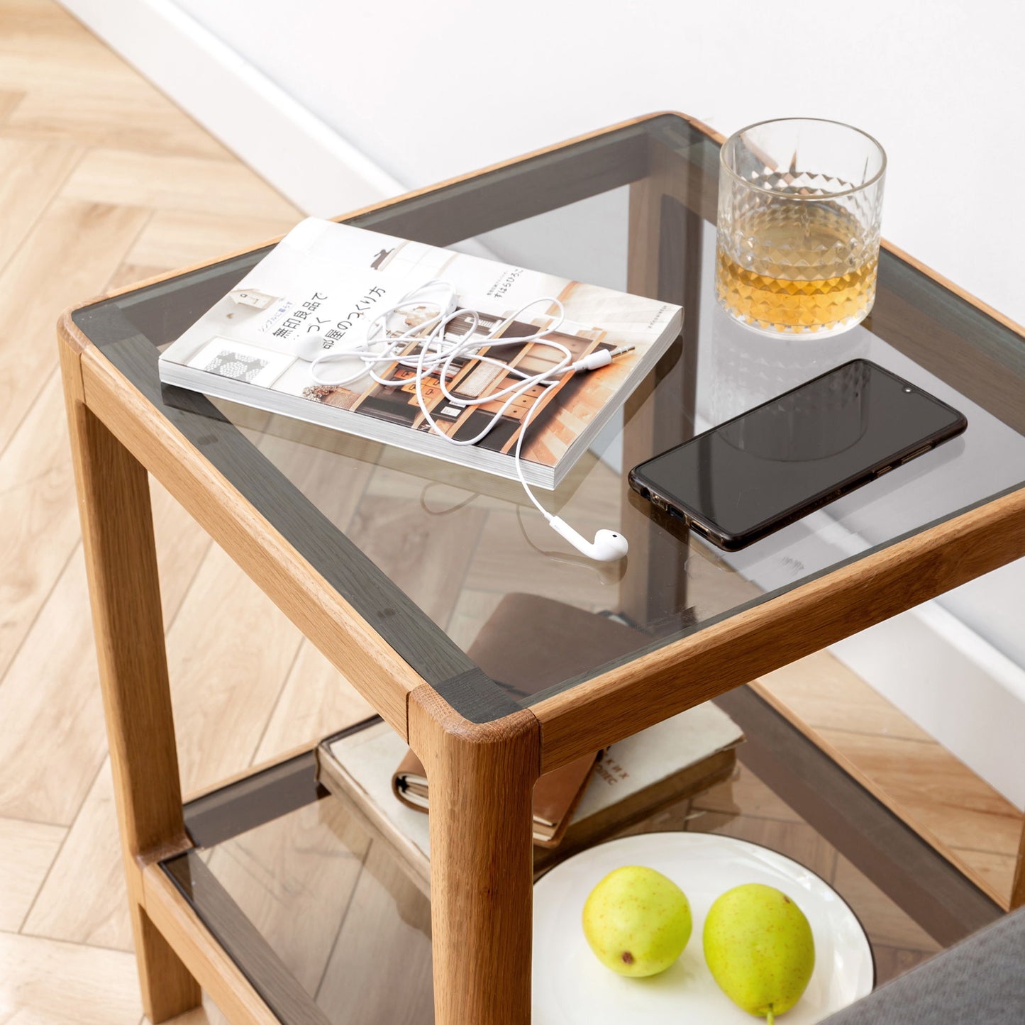 End Table With Tempered Glass For Dinning Room Or Bedroom - Natural Oak