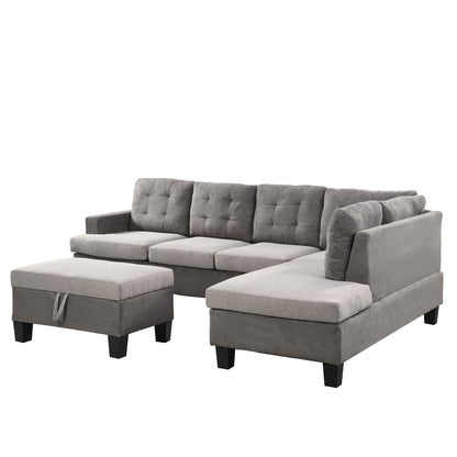 Sofa Set With Chaise Lounge And Storage Ottoman - Gray