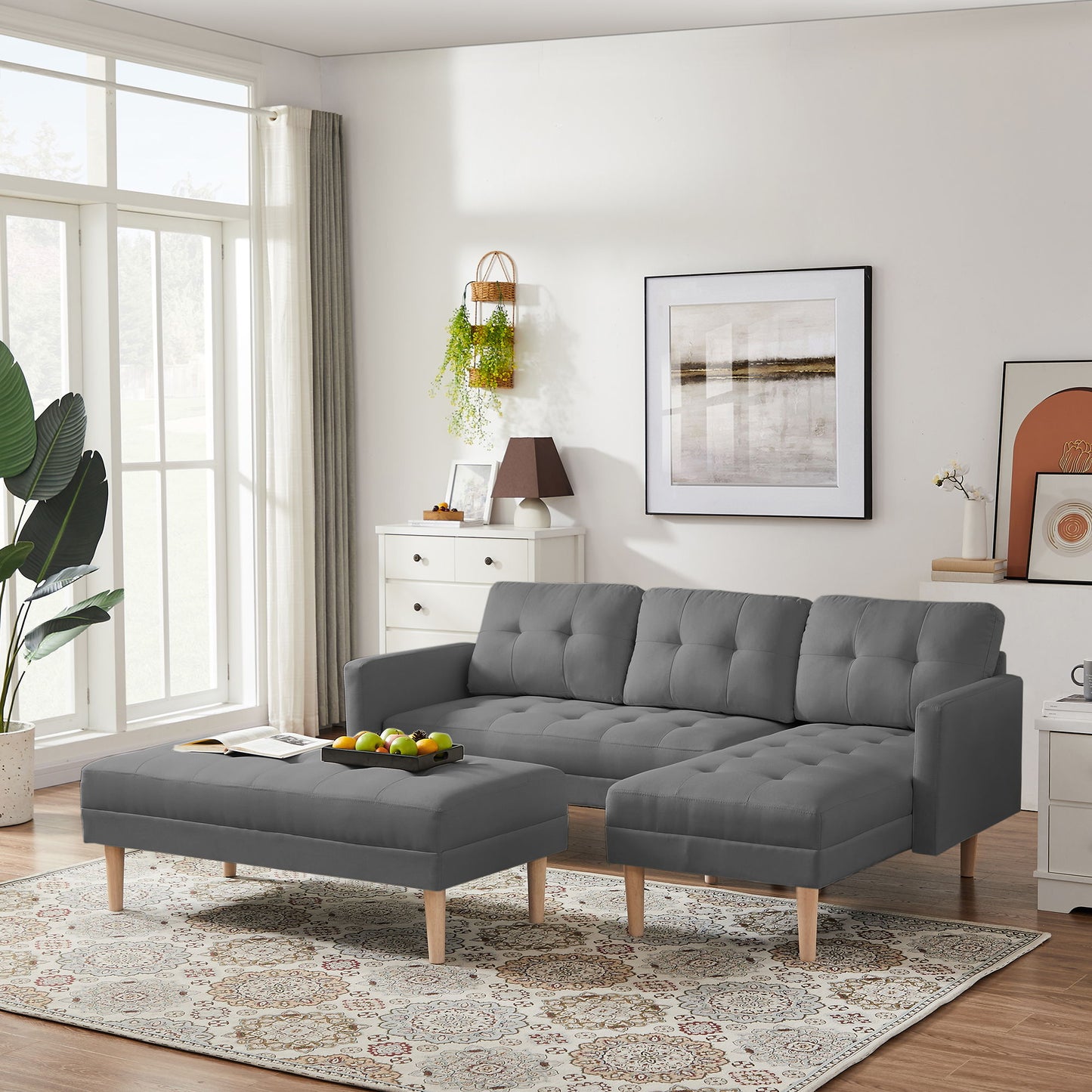 Right Facing Sectional Sofa Bed, L-Shape Sofa Chaise Lounge With Ottoman Bench