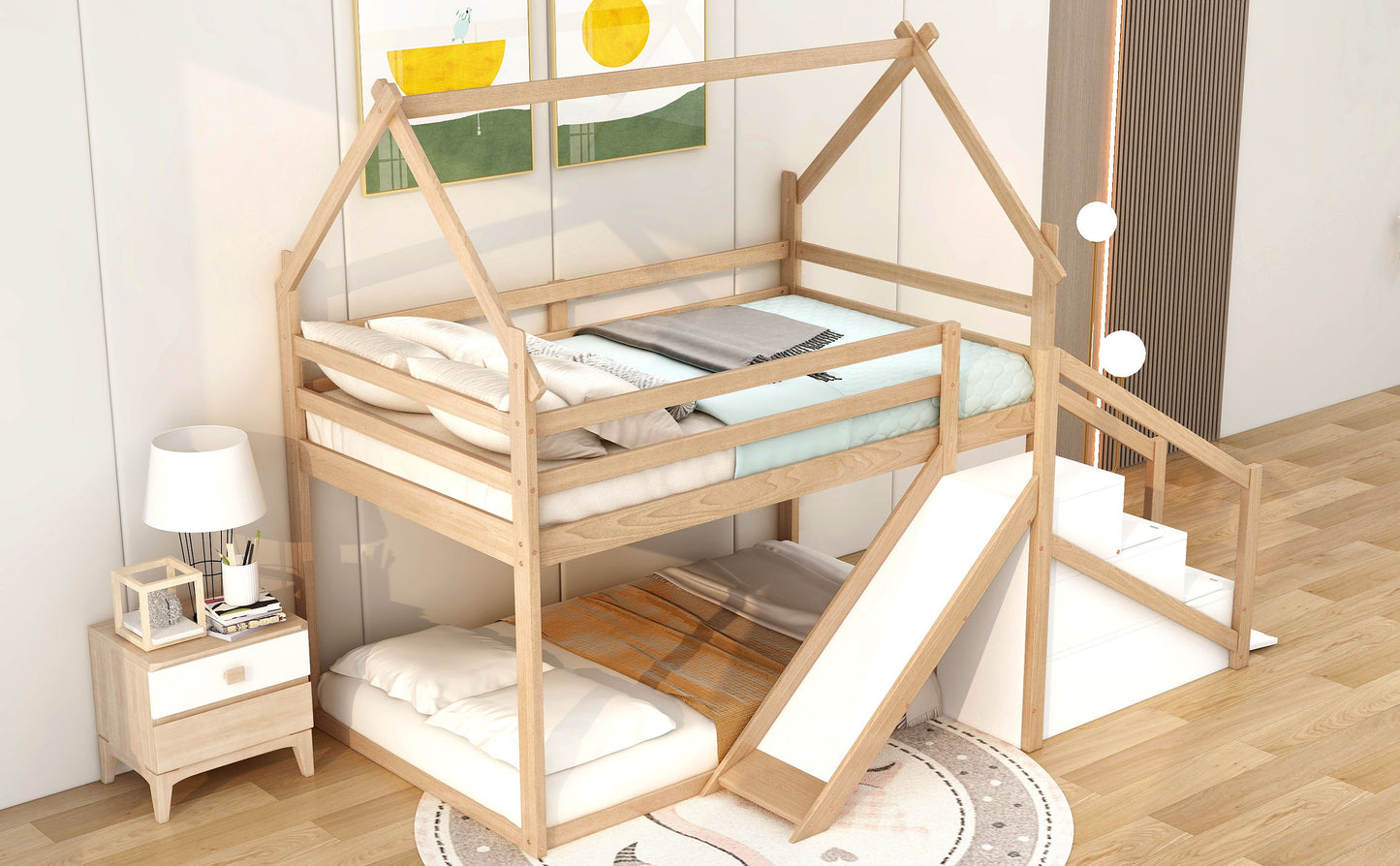 Twin Over Twin House Loft Or Bunk Bed With Slide And Staircase