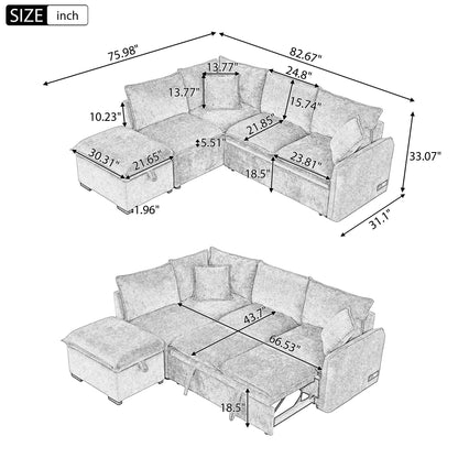 Convertible Sofa Bed Sectional Sofa Sleeper L-Shaped Sofa With A Storage Ottoman, Two Pillows, Two Power Sockets And Two USB Ports For Living Room