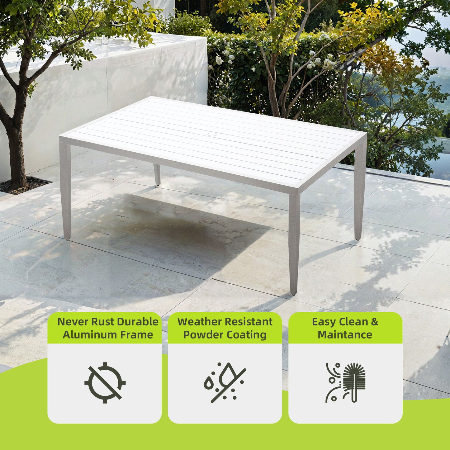 Outdoor Patio Rectangle Dining Table With Tapered Feet & Umbrella Hole