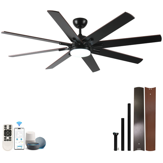 Large Ceiling Fans With Lights And Remote, Indoor / Outdoor Modern Ceiling Fan For Kitchen Living Room Patio, 6 Speed Reversible Quiet DC Motor, Dual Finish 8 Blades - Black