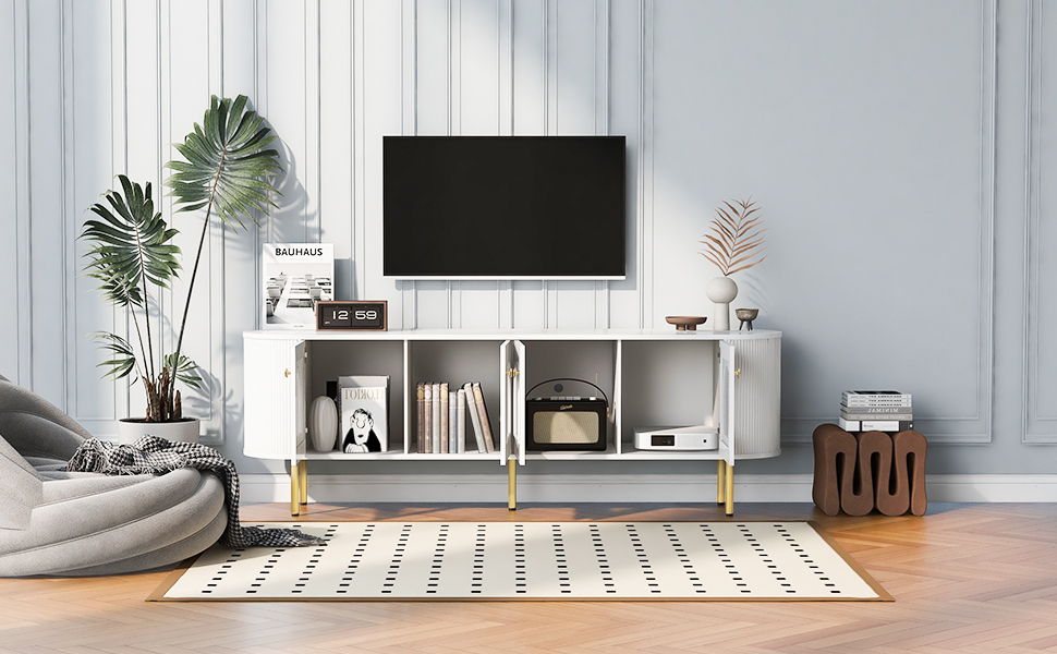 Modern TV Stand For TVs Up To 80", Entertainment Center With 4 Cabinets, Wood Media Console With Metal Legs And Handles For Living Room