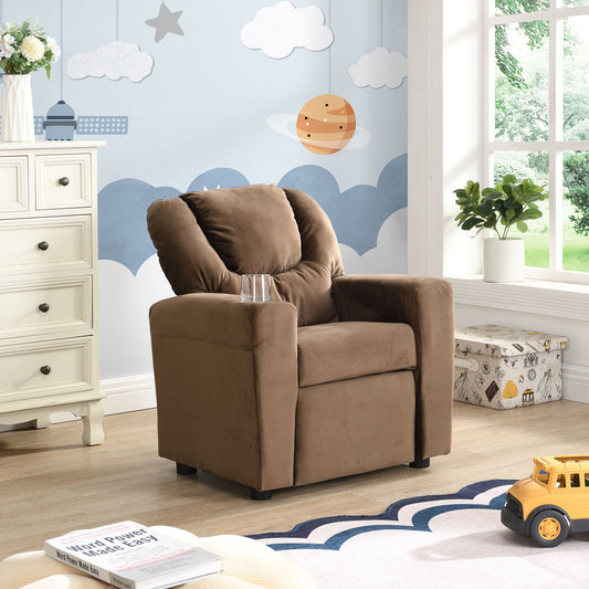 Kids Recliner Chair, Kids Upholstered Couch With One Cup Holder, Toddlers Recliner With Headrest And Footrest - Brown