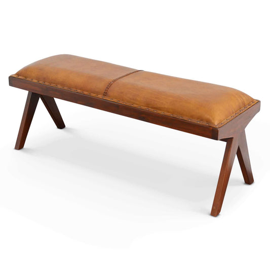 Chad - Mid-Century Modern Leather Bench - Brown / Tan