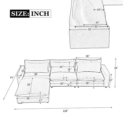 Sectional Sofa Cloud Sofa Chenille Upholstered Sofa Couch With Movable Ottoman, Comfortable Seat Cushions, Charging Ports And Three Back Pillows For Living Room