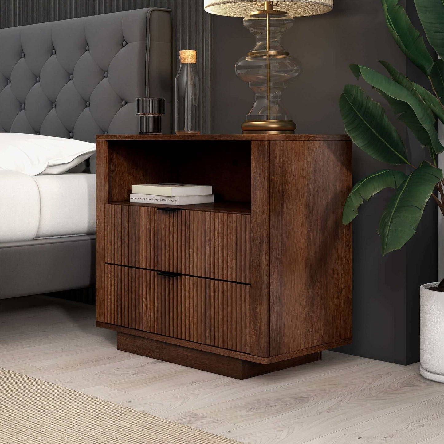 Lola - Mid-Century Modern Nightstand 2 Drawer Bed Side Table - Dark Brown