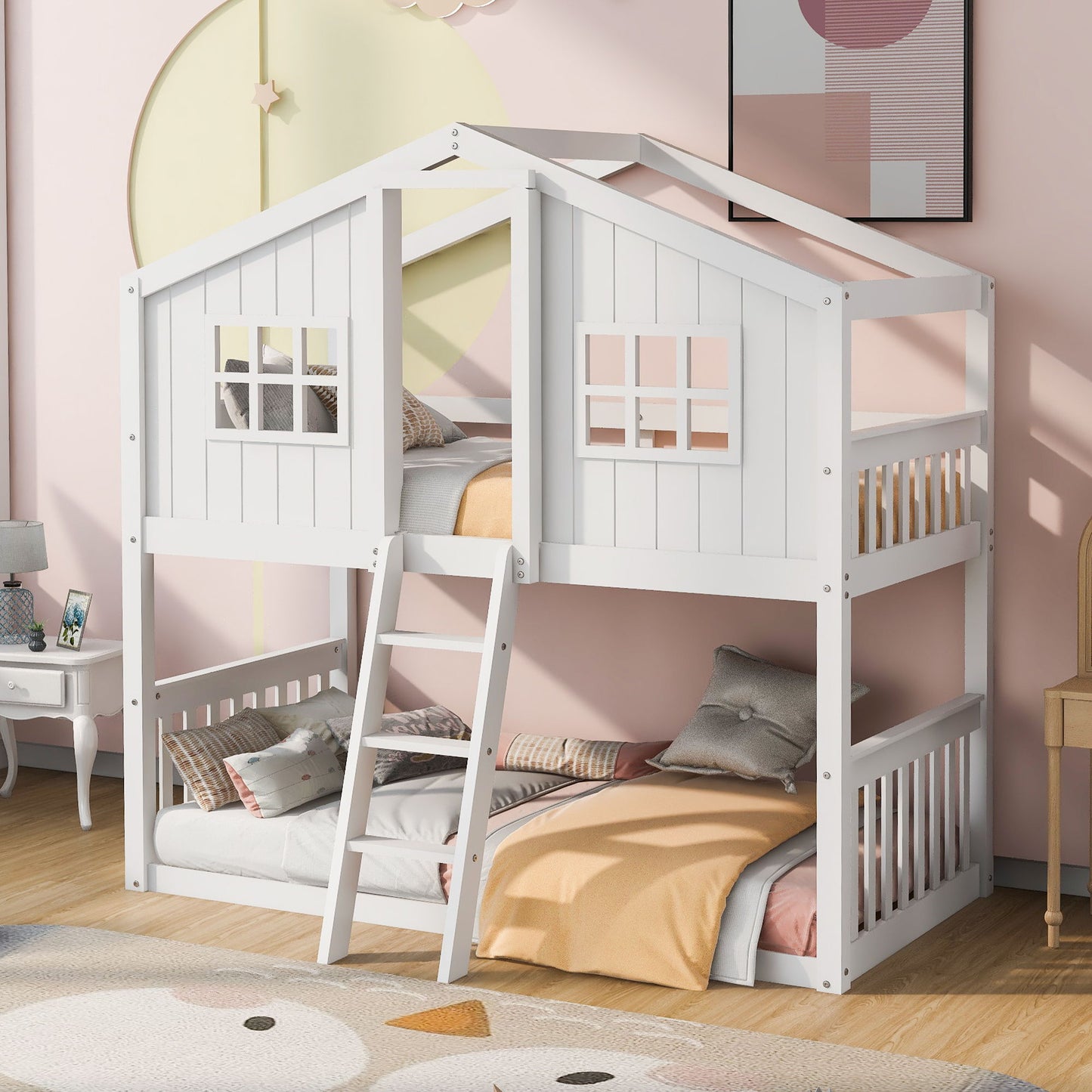 Twin Over Twin House Bunk Bed With Ladder, Wood Bed