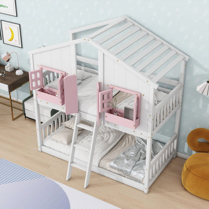 House Bunk Bed With Roof, Window, Window Box, Door, With Safety Guardrails And Ladder