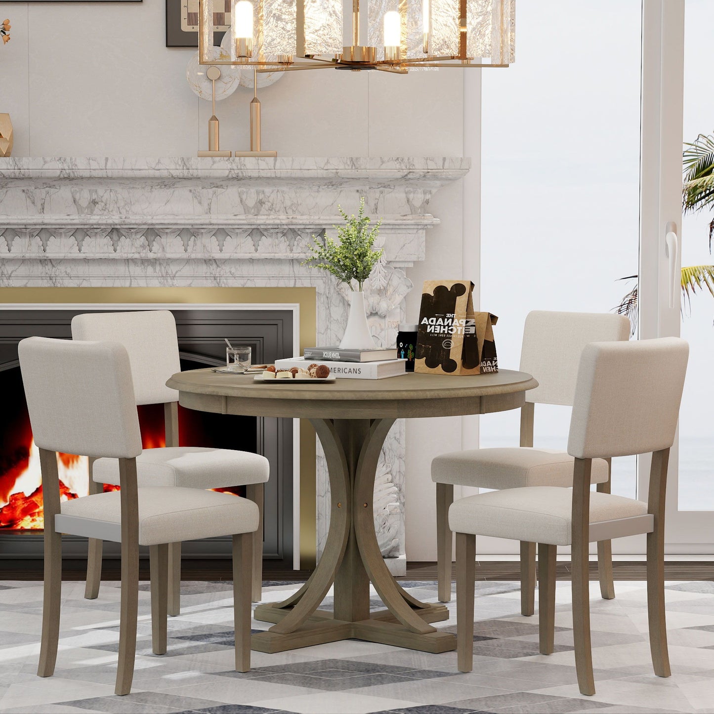 Retro Round Dining Table Set With Curved Trestle Style Table Legs And Upholstered Chairs For Dining Room