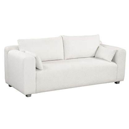 Modern Loop Yarn Sofa, One Piece Seat Frame, Minimalist 2-3 Seat Couch Easy To Install, Loveseats With Extra Wide Domed Arms (2 Pillows) - White