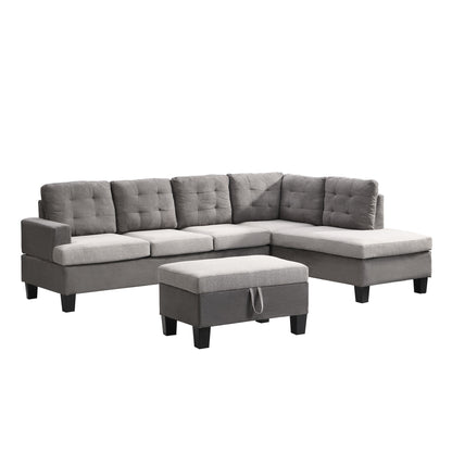 Sofa Set With Chaise Lounge And Storage Ottoman - Gray