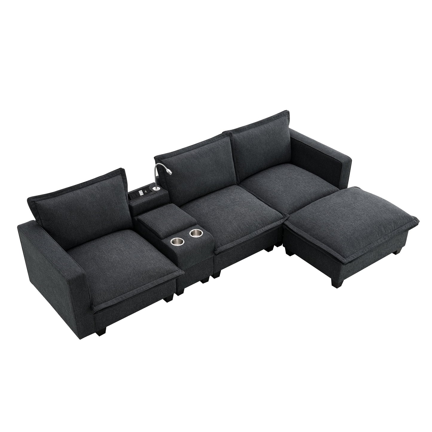 Modern Sectional Cloud Sofa With Console, USB Charging Port, Reading Light, Cup Holder, 4 Seat Chenille Modular Couch, Storable Indoor Funiture For Living Room, Apartment