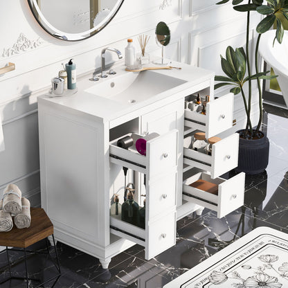 Contemporary Bathroom Vanity Cabinet, 4 Drawers & 1 Cabinet Door, Multipurpose Storage, Resin Integrated Sink, Adjustable Shelves, Solid Wood Frame With MDF