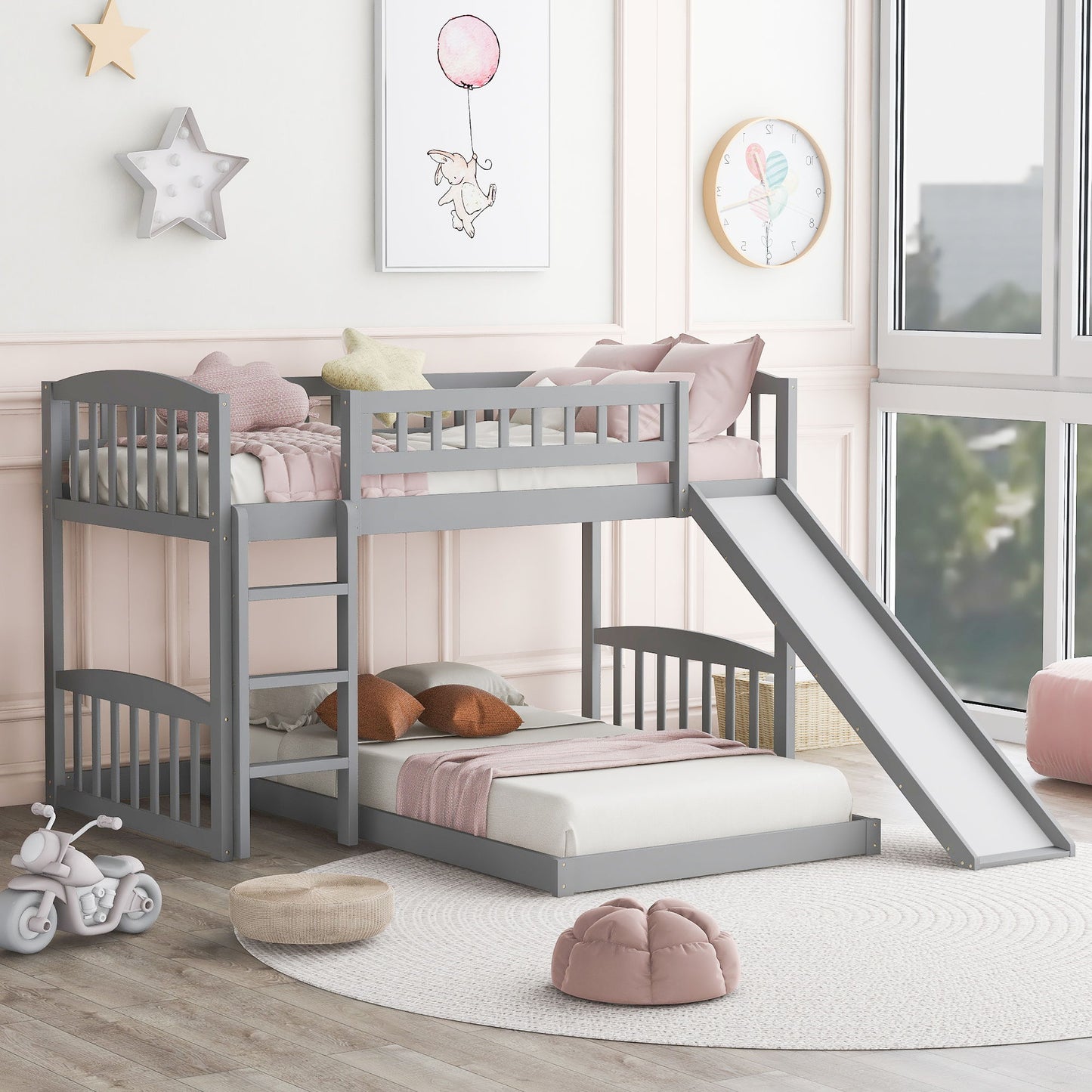 77.4" Twin Over Twin Bunk Bed With Slide And Ladder - Gray