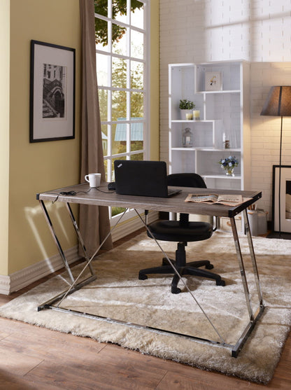 Chrome Writing Desk With Port In USB - Weathered Oak