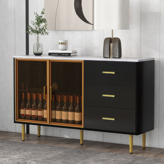 Modern Sideboard Buffet Cabinet Marble Sticker Tabletop And Amber-Yellow Tempered Glass Doors With Gold Metal Legs & Handles