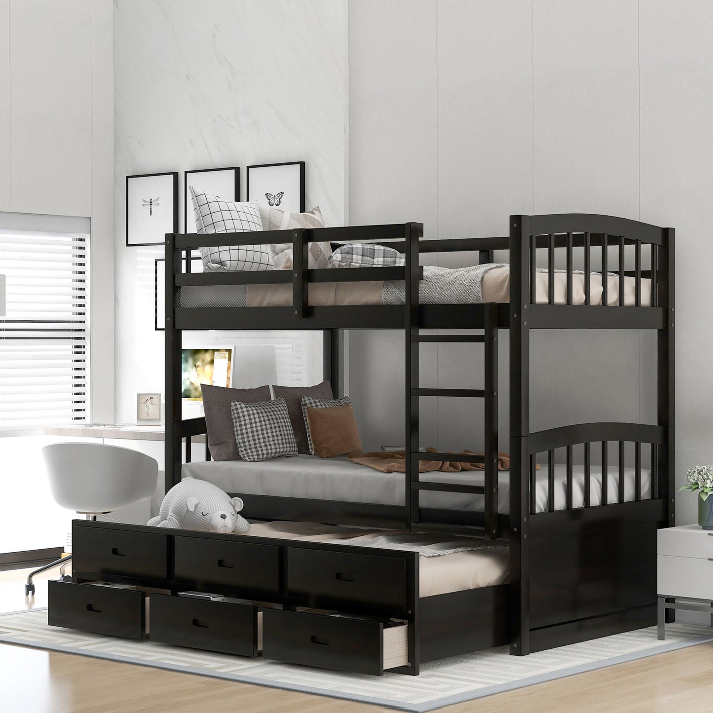 Twin Over Twin Wood Bunk Bed With Trundle And Drawers - Espresso