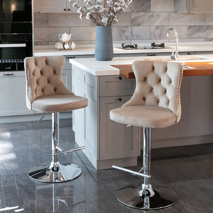 Swivel Velvet Barstools Adjusatble Seat Height From 25-33", Modern Upholstered Chrome Base Bar Stools With Backs Comfortable Tufted For Home Pub And Kitchen Island (Set of 2)