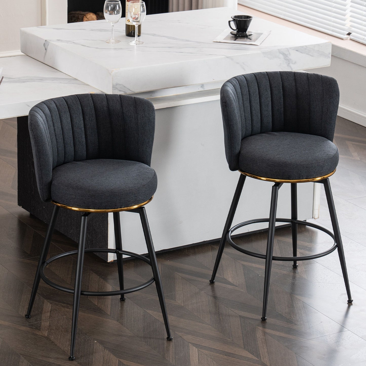 Swivel Bar Stools, High-Back, Adjustable, Upholstered With Elegant Metal Back Accents For Kitchen, Bar, Or Dining Room (Set of 2)