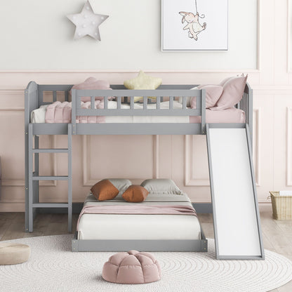 77.4" Twin Over Twin Bunk Bed With Slide And Ladder - Gray