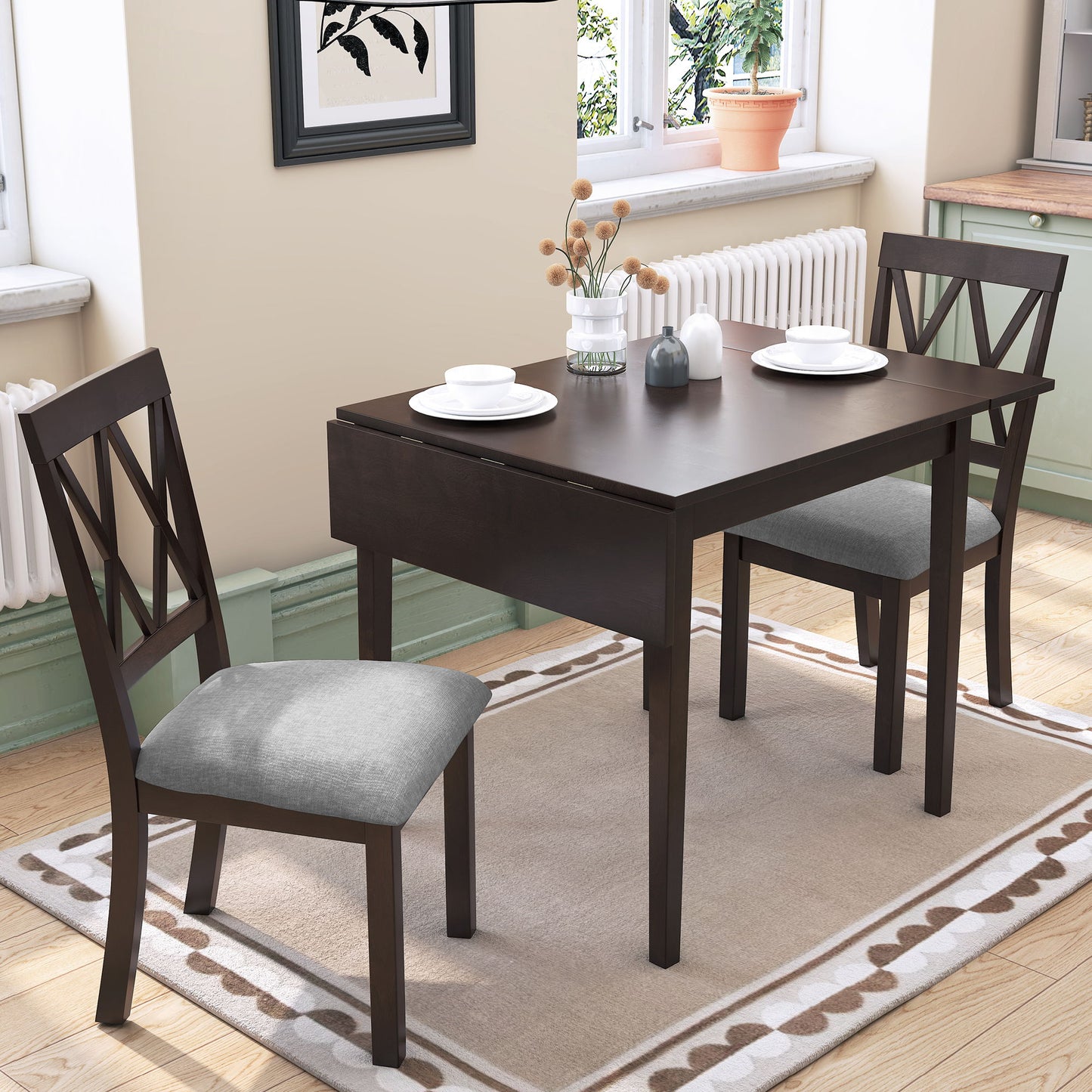 3 Piece Kitchen Dining Set With Drop Leaf Dining Table And 2 Dining Upholstered Chairs, Dining Room Set For Small Places