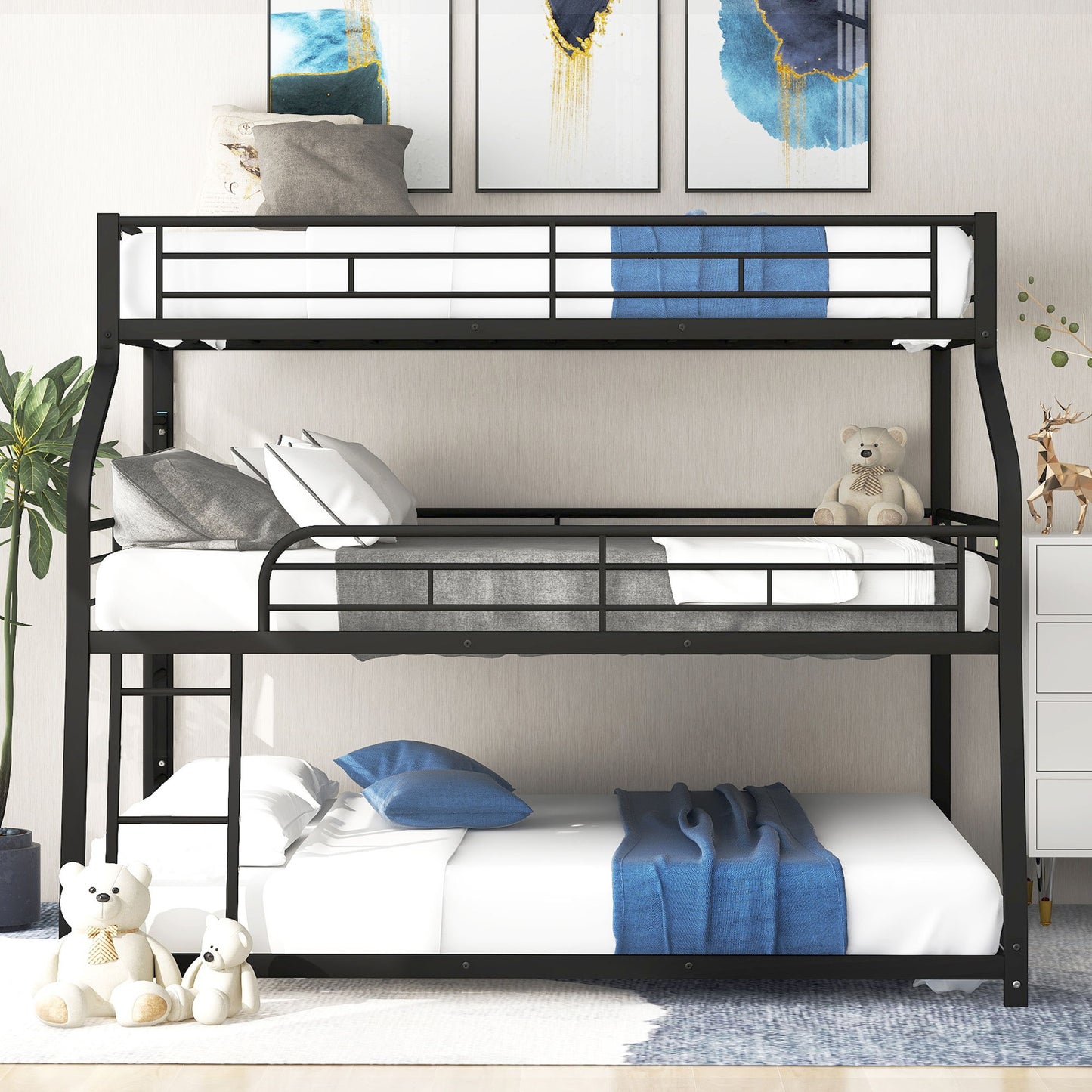 Twin Long / Full Long / Queen Triple Bunk Bed With Long And Short Ladder And Full-Length Guardrails - Black