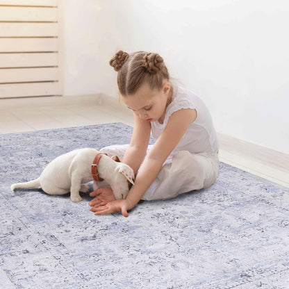 2'6'' X 10' Area Rug, Washable, Low-Pile, Non-Slip, Non-Shedding, Foldable, Kid & Pet Friendly - Blue / Cream