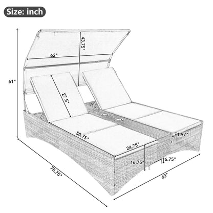 Patio Daybed Outdoor Daybed Sun Lounger With Shelter Roof With Adjustable Backrest, Storage Box And 2 Cup Holders For Patio, Balcony, Poolside