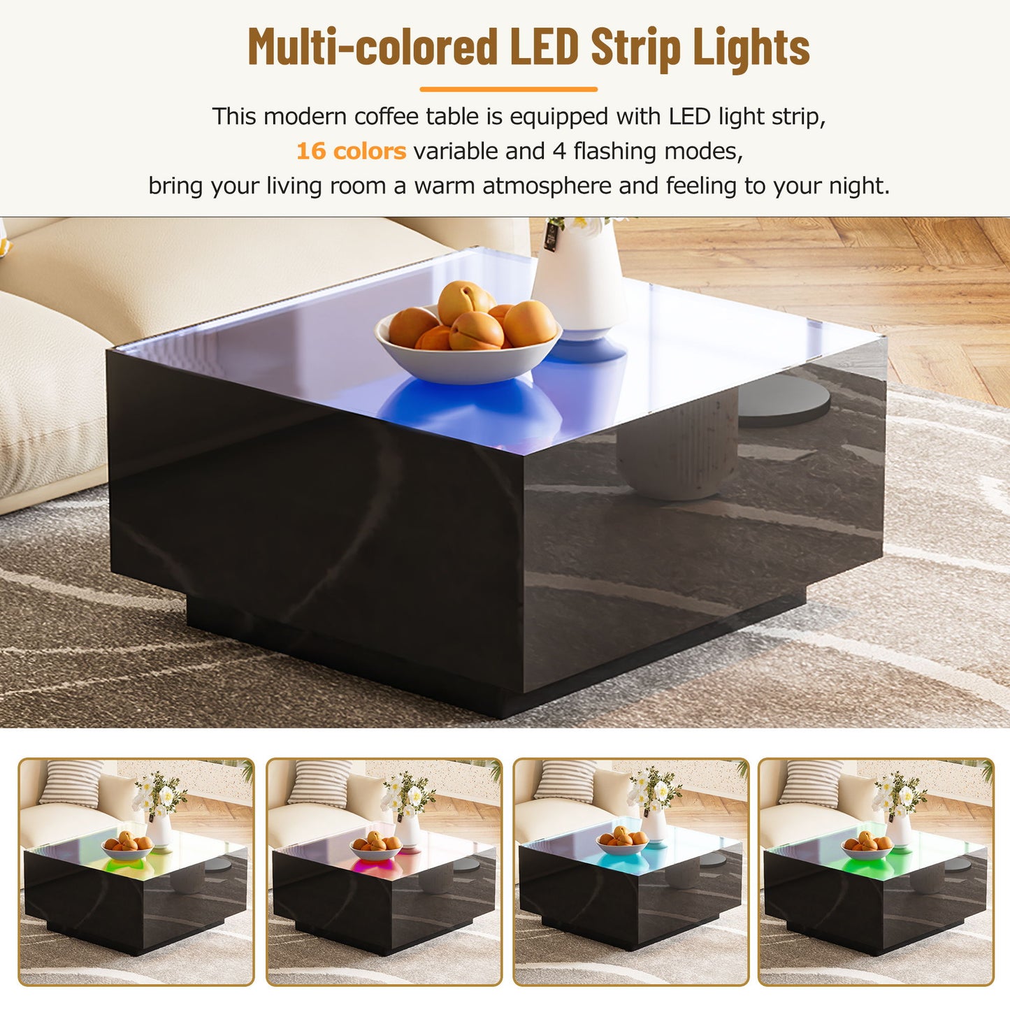 Square High Glossy Coffee Table With 16 Color Led Strip Lights, Modern Center Table With 5Mm Frosted Tempered Glass Top For Living Room