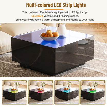 Square High Glossy Coffee Table With 16 Color Led Strip Lights, Modern Center Table With 5Mm Frosted Tempered Glass Top For Living Room