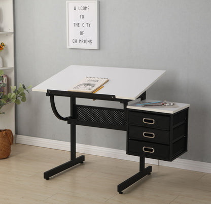 Adjustable Drafting Drawing Table With Stool And 3 Drawers - White / Black