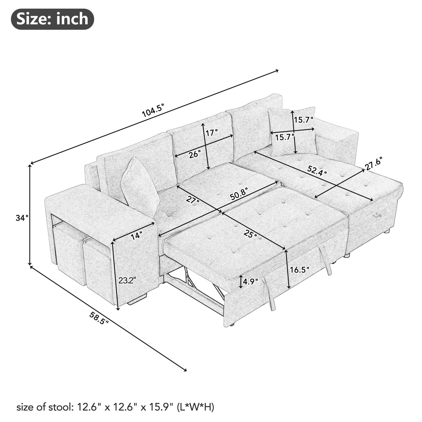 Modern L-Shape 3 Seat Reversible Sectional Couch, Pull Out Sleeper Sofa With Storage Chaise And 2 Stools For Living Room Furniture Set