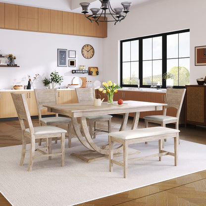 Topmax - 6 Piece Wood Half Round Dining Table Set Kitchen Table Set With Long Bench And 4 Dining Chairs, Modern Style