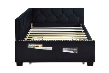 Upholstered Twin Size Daybed Bed Frame (Corner Bed) With Trundle, Velvet Fabric, Studding Design, No Box Spring Required