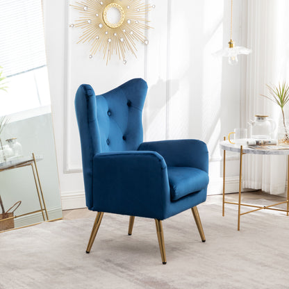 Sovarol - Velvet Button-Tufted Wing Back Accent Chair - Blue