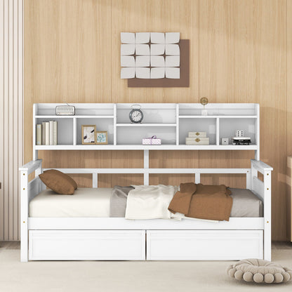 Daybed, Wood Slat Support, With Bedside Shelves And Two Drawers