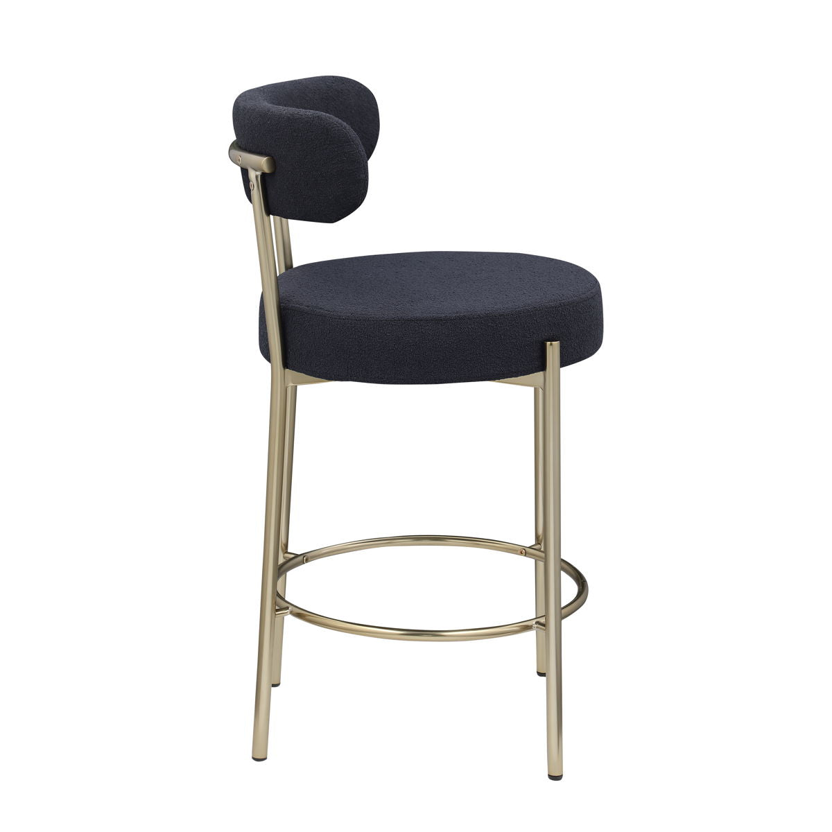 Modern Sherpa Counter Height Stools, Uphsoltered Seat Height Barstools With Brushed Brass Metal Legs Round Low Back Kitchen Stools With Footrest For Dining Room (Set of 2)