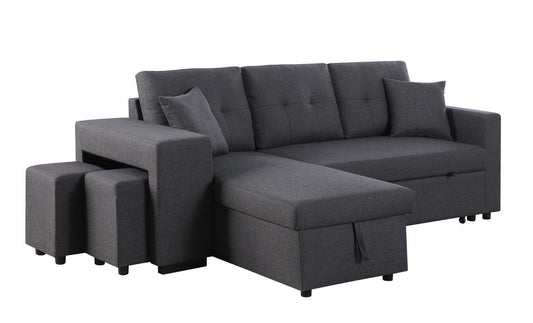 Dennis - Linen Fabric Reversible Sleeper Sectional With Storage Chaise And 2 Stools