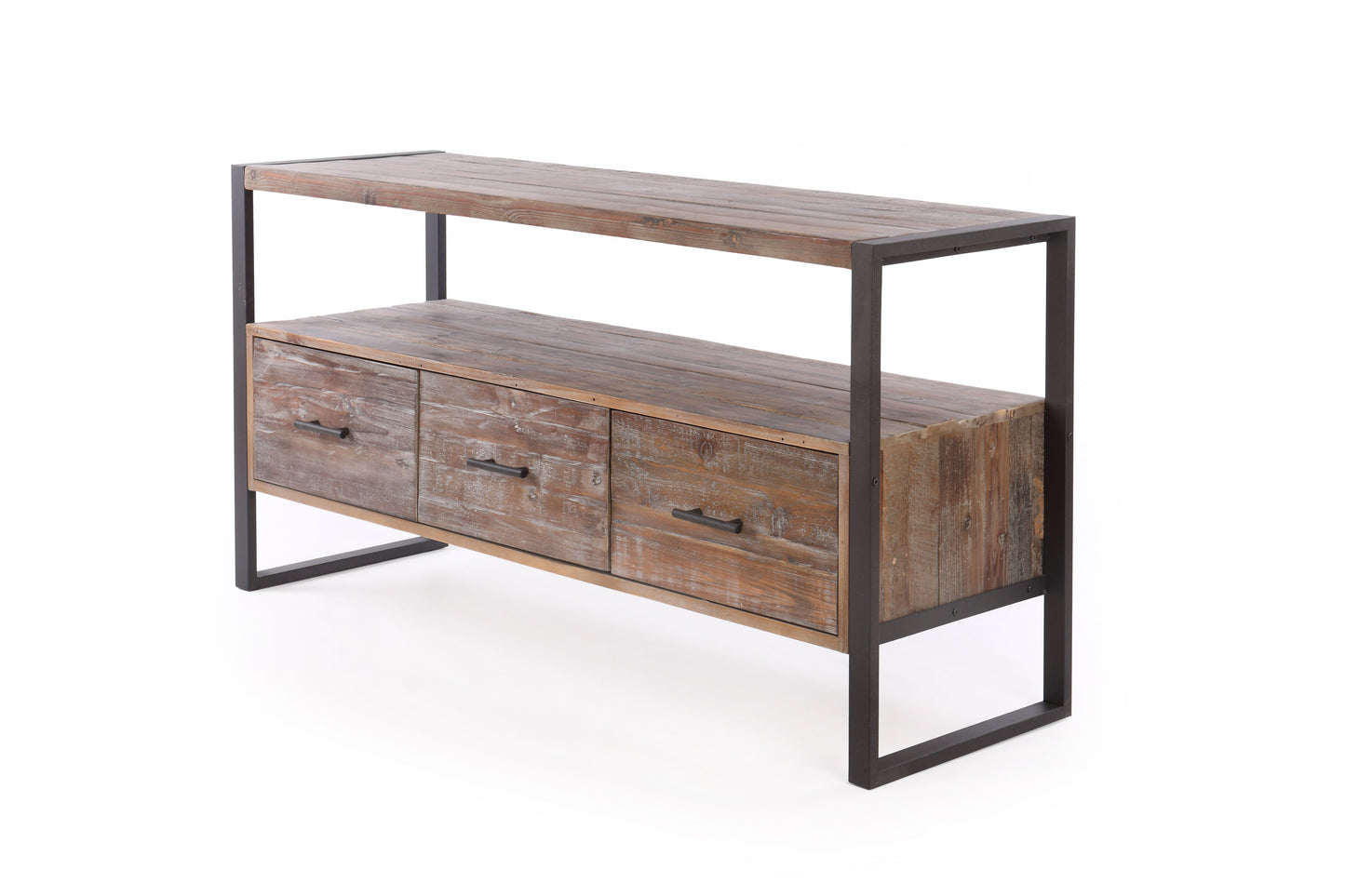 Reclaimed Wood Media TV Console Table With 3 Drarwer, Open Shelf - Antique Gray