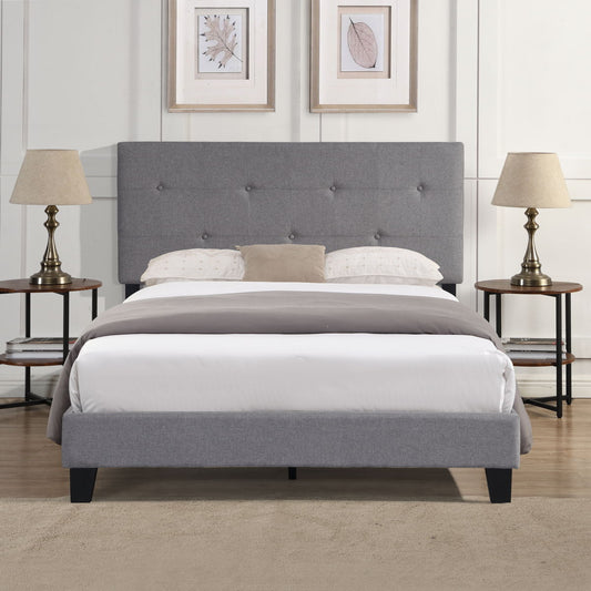 Queen Size Upholstered Platform Bed Frame With Button Tufted Linen Headboard, No Box Spring Needed, Wood Slat Support - Gray