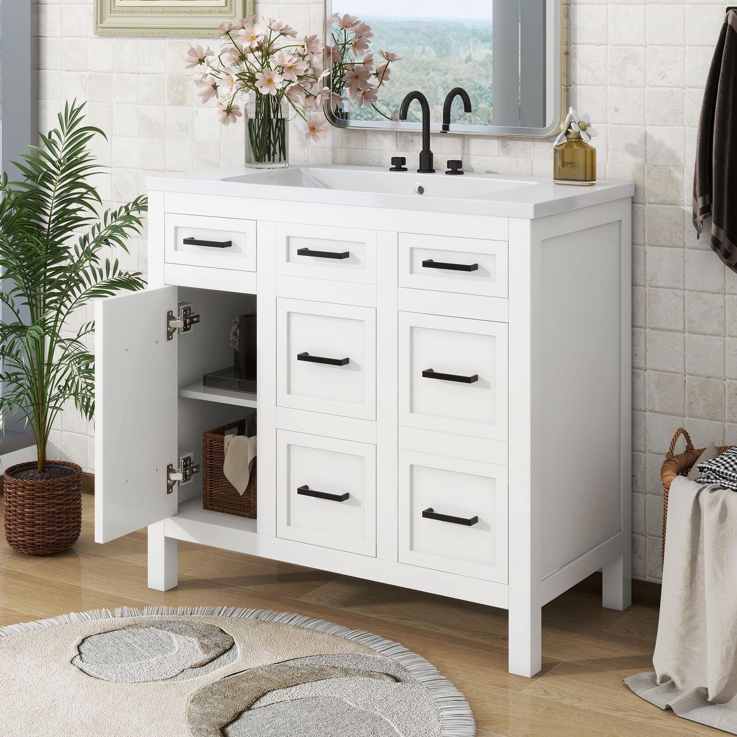 Bathroom Vanity Cabinet With Resin Integrated Sink 4 Drawers, 2 Doors - White