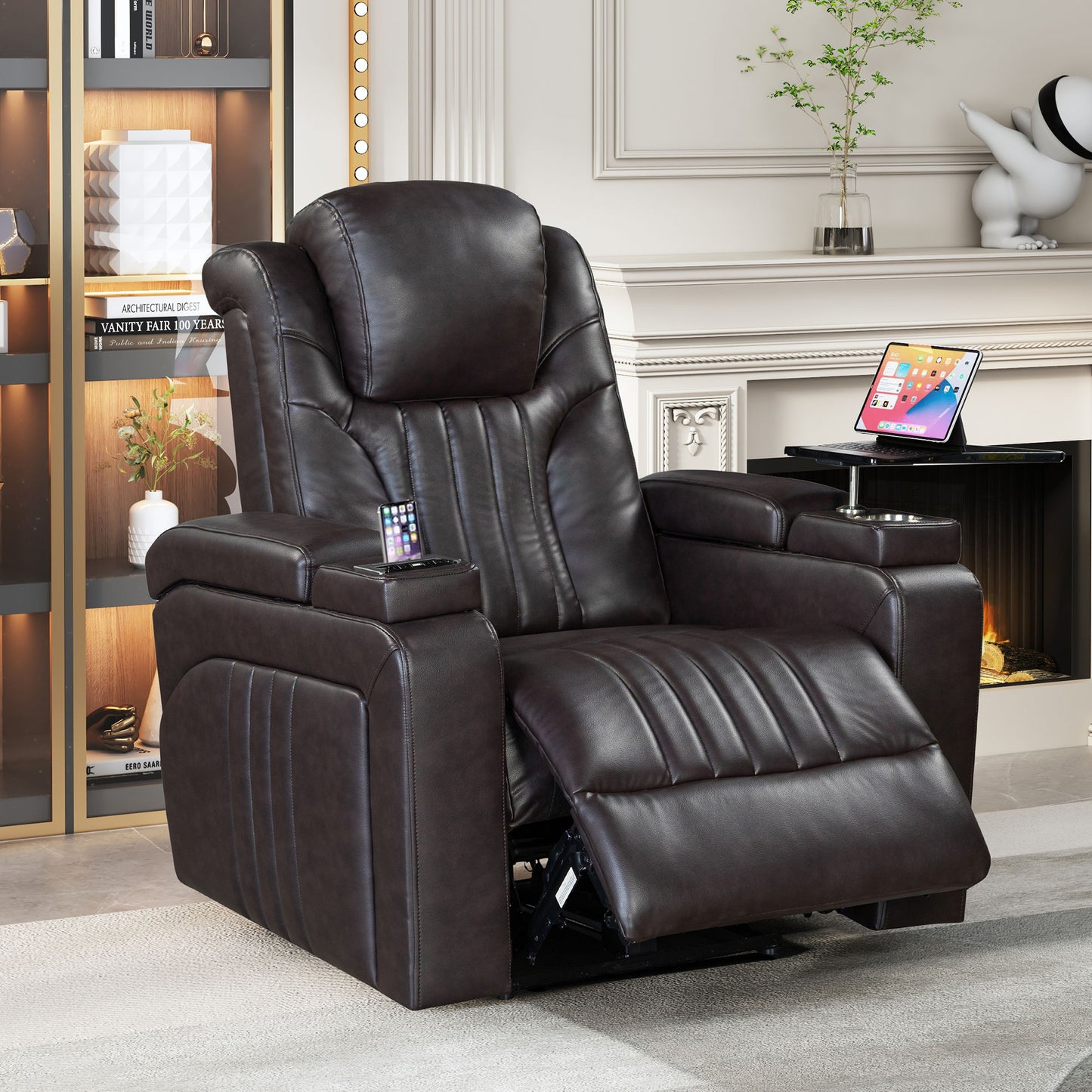 Power Recliner Home Theater Recliner With Power Adjustable Headrest, Wireless Charging Device, USB Port, Storage Arms, Cup Holder And Swivel Tray Table For Living Room